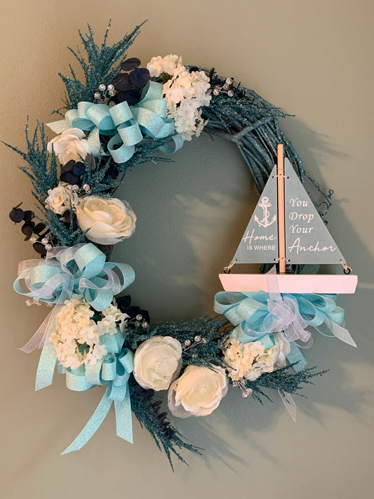 Coastal Elegance: Handcrafted Soft Blue and Cream Grapevine Wreath